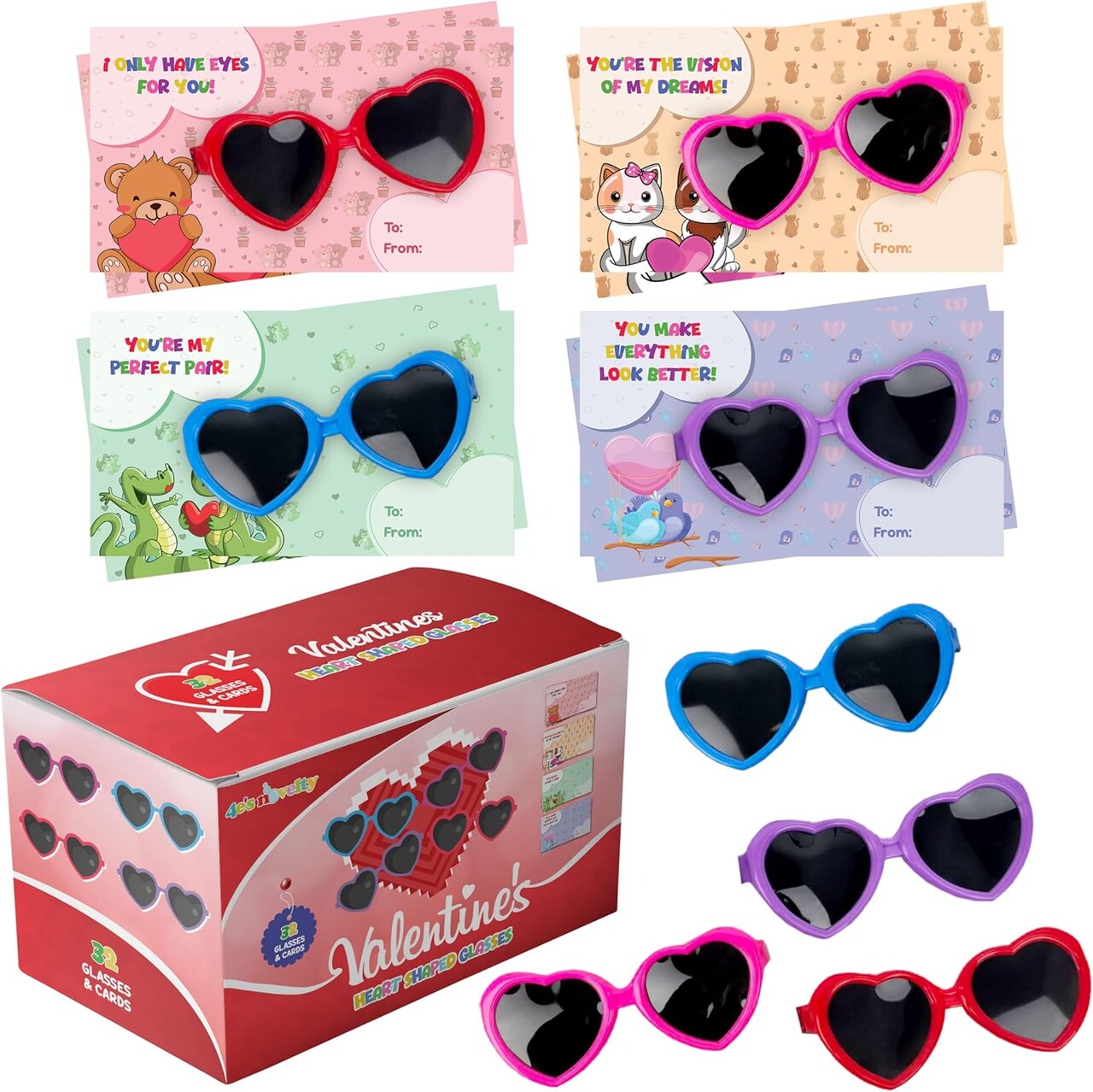 4E's Novelty 32 Pack Valentine Heart Glasses for Kids with Cards – Bulk Valentines Day Sunglasses for Classroom Exchange, Kids Party Favors, Non-Candy Valentine Gifts for School, Heart-Shaped Shades